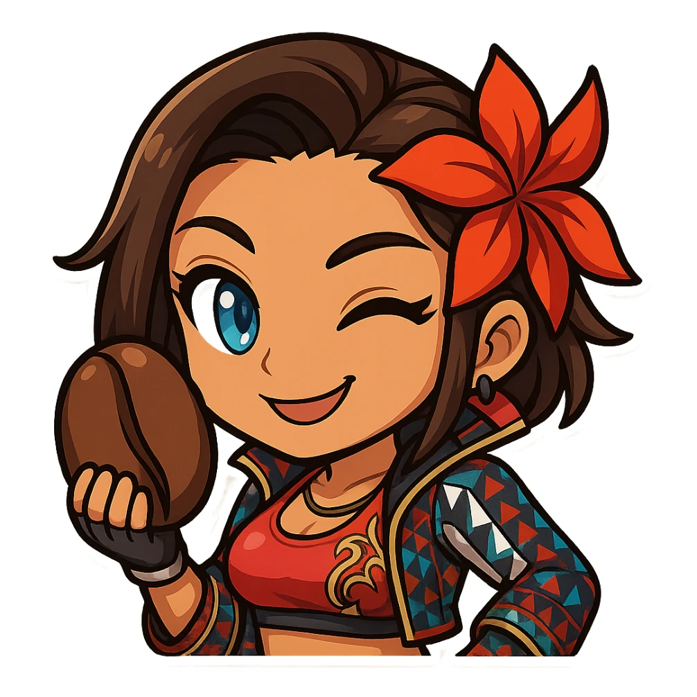 Azucena from Tekken 8 in chibi sticker style, holding a coffee bean, playful wink, wearing the detailed red and patterned outfit from the reference images, designed for Twitch emote use. sticker