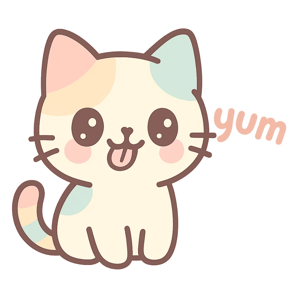 small Chinese kitten licking its lips, 'yum' written in a fun font, kawaii style sticker