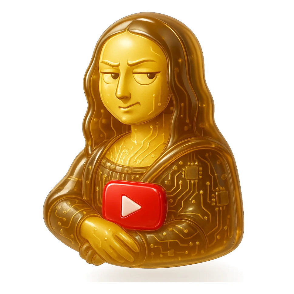Mona Lisa with a sarcastic side-eye, red YouTube play button, glossy circuit style sticker