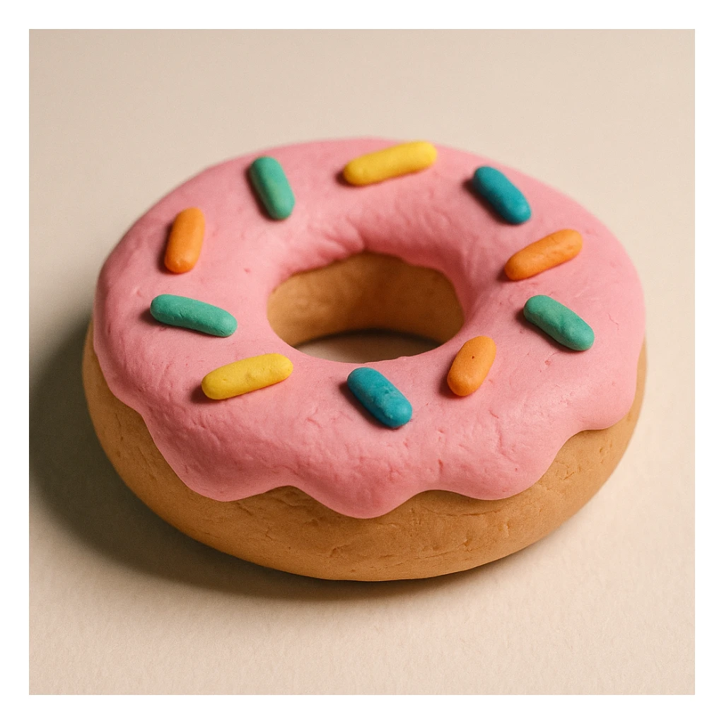 claymation style donut with pink frosting and sprinkles, visible fingerprints, pastel colors, light background sticker