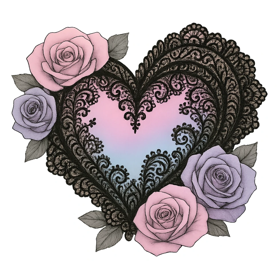 Remove the background, keep the pastel goth heart with pastel roses and black lace, transparent background. sticker