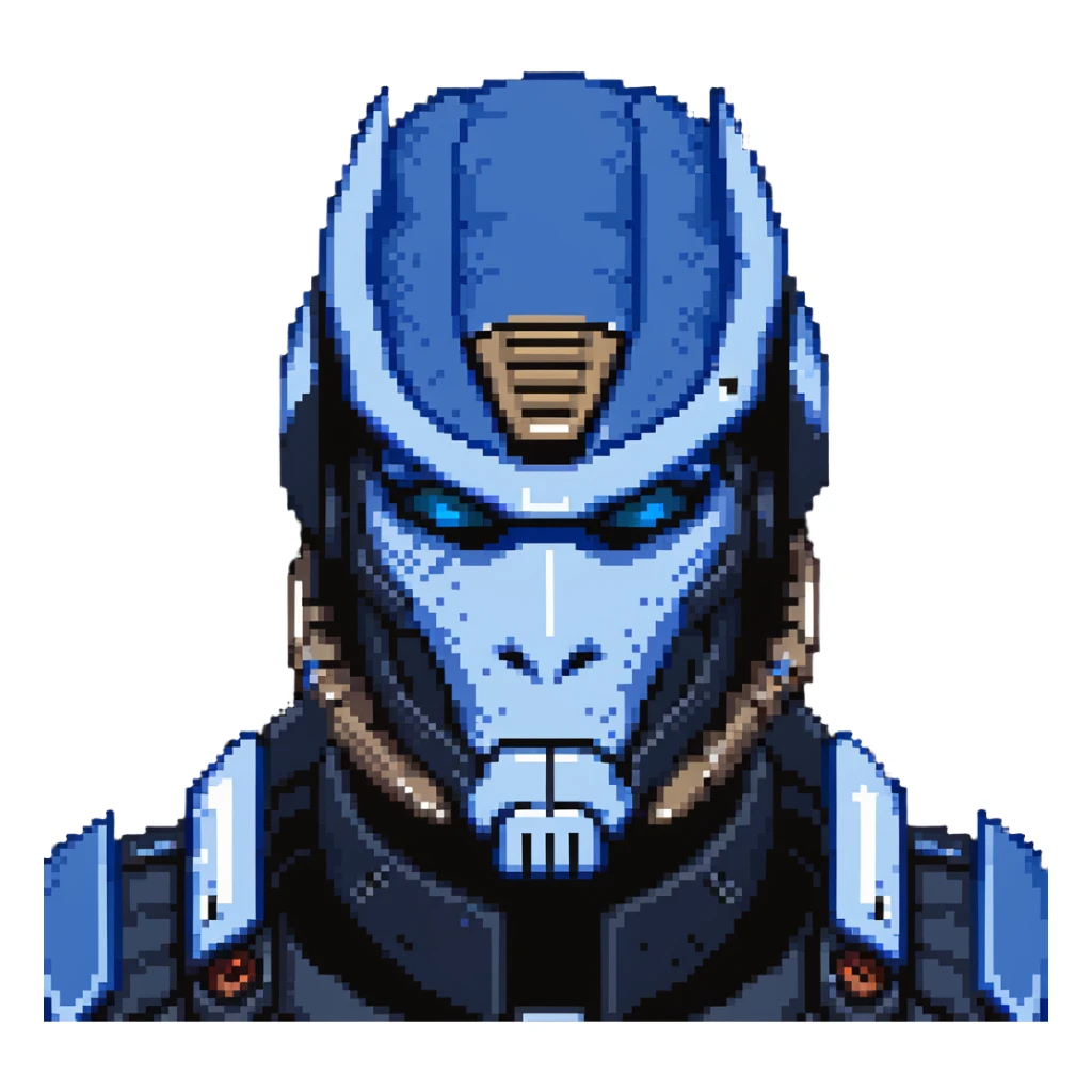 Garrus Vakarian from Mass Effect, turian with blue facial markings and targeting visor sticker