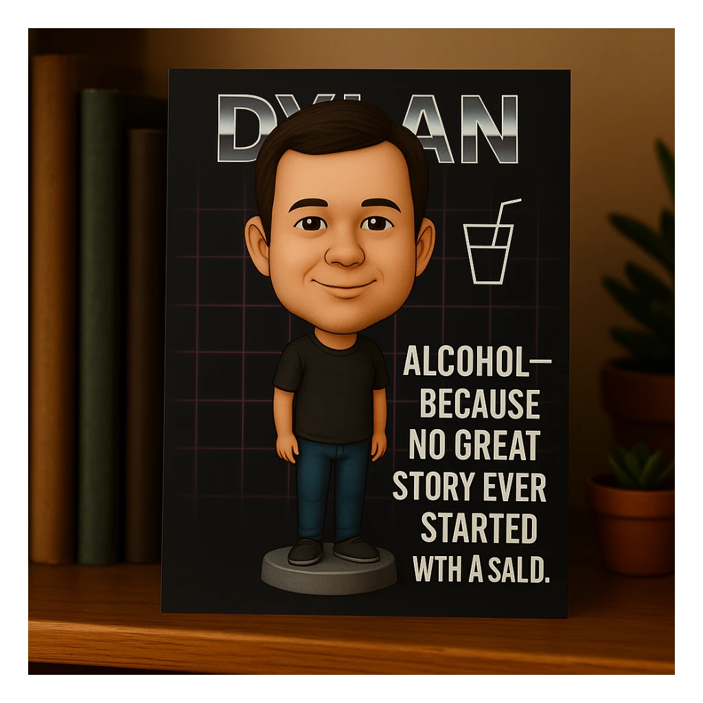 Refine the card: keep Dylan as a bobblehead character, minimal neon grid background, one drink icon, bold chrome text with the quote 'Alcohol—because no great story ever started with a salad.' Make the layout even cleaner and more balanced, using the same bobblehead style. sticker