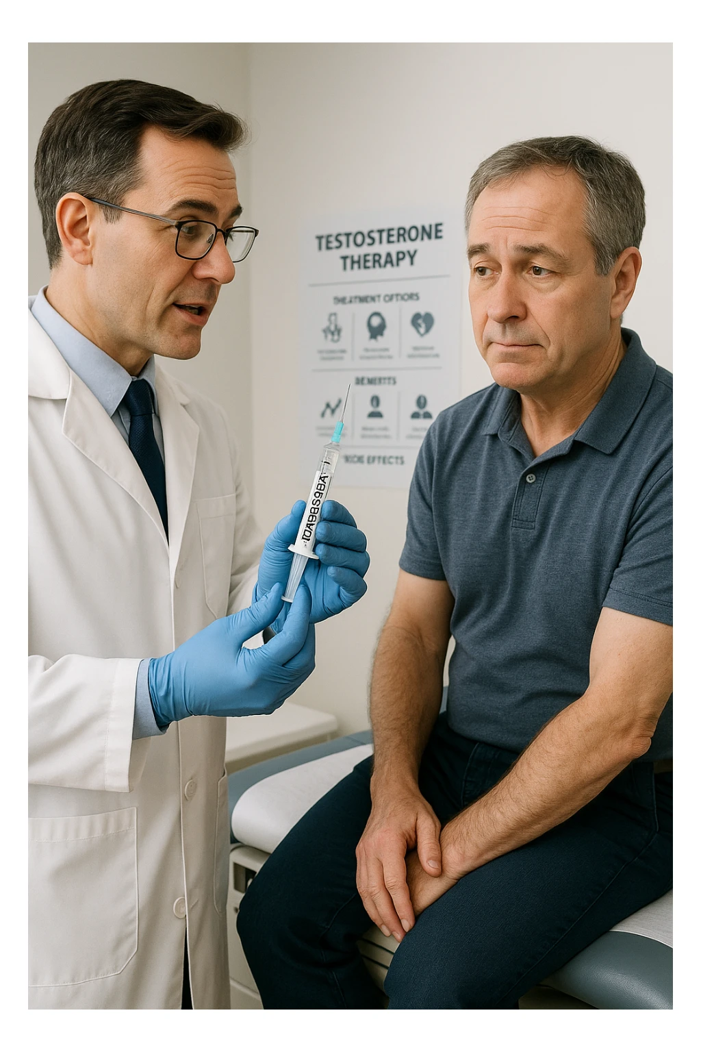 a doctor in a white coat prepares a syringe labeled “Testosterone” while a middle-aged man sits calmly on the examination table, sleeve rolled up and looking slightly apprehensive but trusting. The doctor explains the procedure, and a medical chart about testosterone therapy is visible in the background. The mood is professional and reassuring. sticker