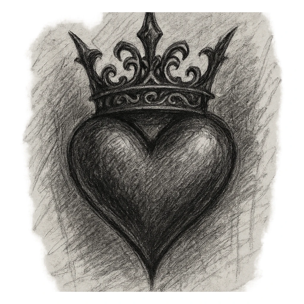 gothic heart with a gothic crown, ornate, dark, elegant, pencil sketch style sticker