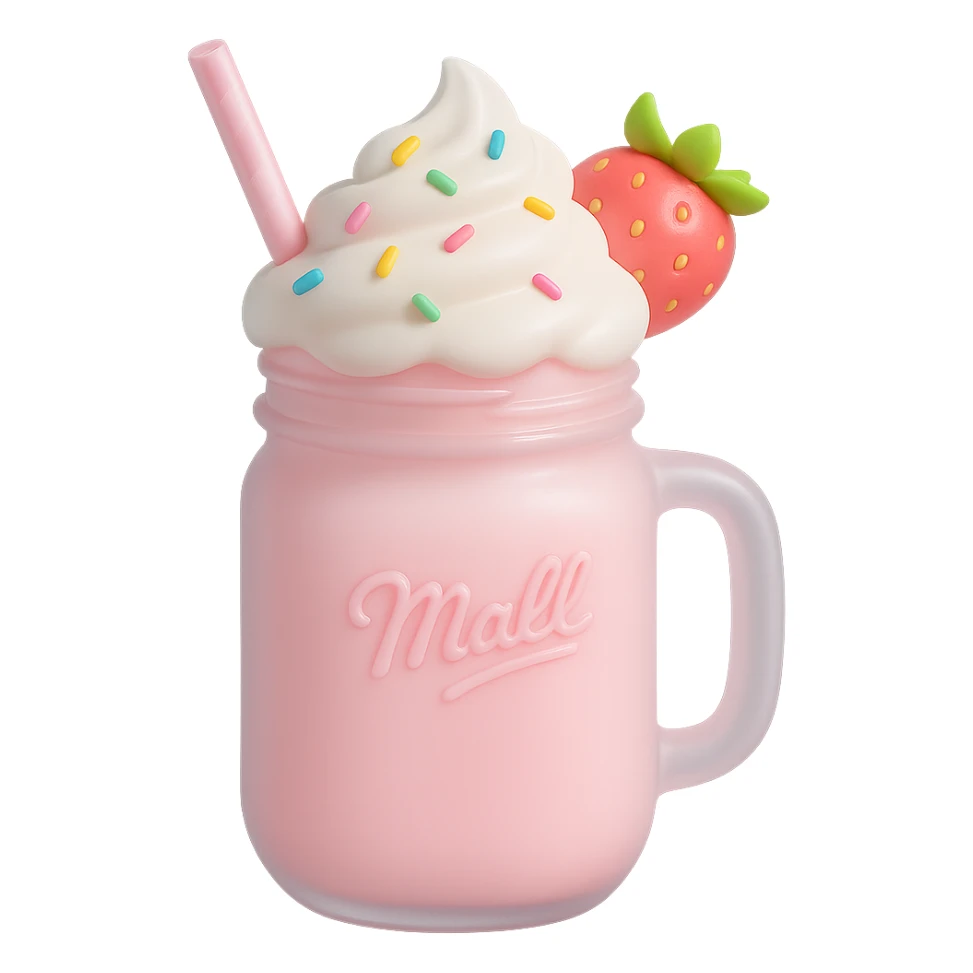 Make the 3D strawberry milkshake pastel colored with soft pinks and light tones. Keep the mason jar, whipped cream, rainbow sprinkles, and cherry on top. Remove the background. sticker