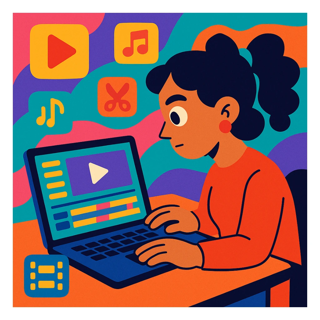 a woman editing a video on a laptop, vibrant toon style sticker