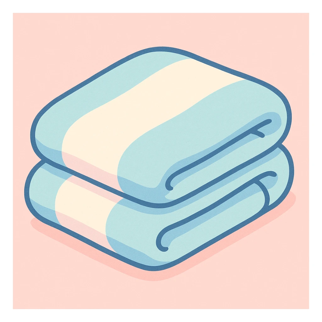 a soft pastel blue and white blanket, folded tidily, gentle and cute vibe, pastel illustration style sticker