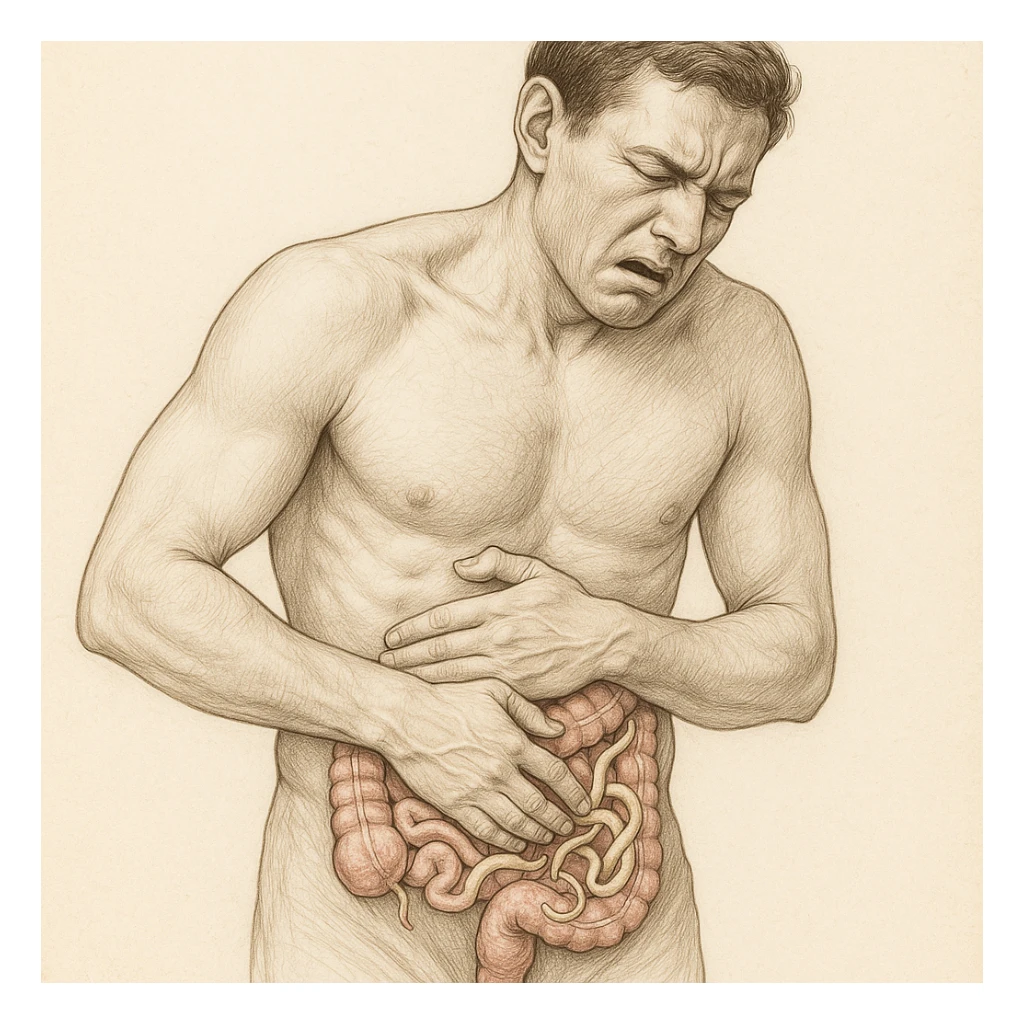 realistic anatomical man, visible intestine with light beige worms, pose showing discomfort, scientific style sticker