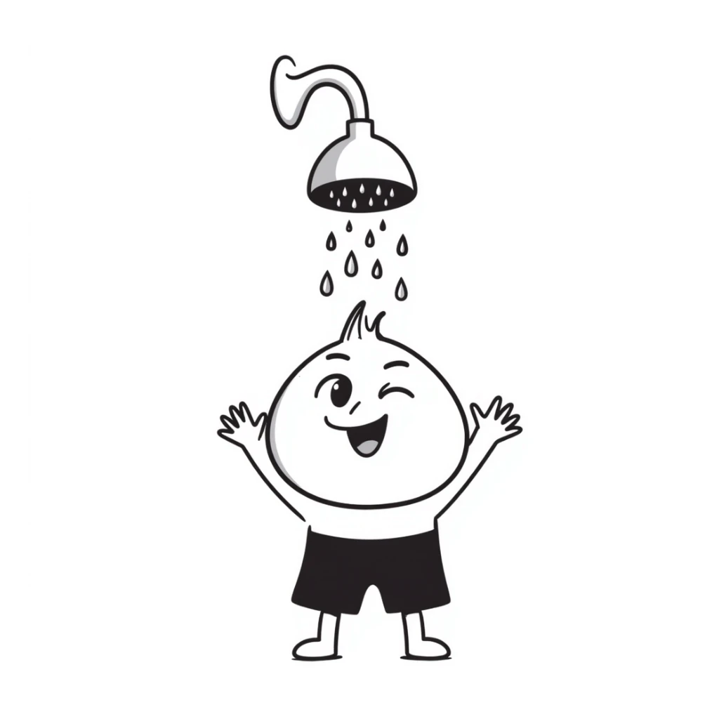 cute onion standing under a showerhead with water droplets falling sticker