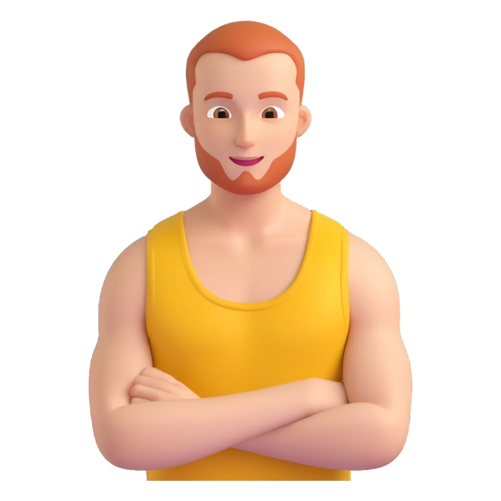 redhead man with a buzz cut wearing a yellow tank top, upper body, friendly expression, neutral background sticker