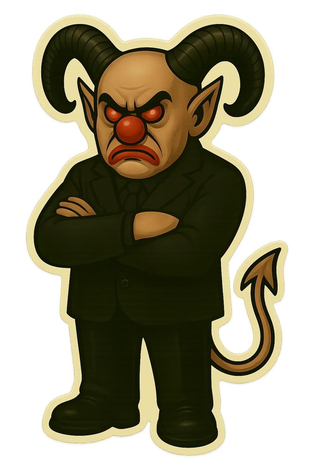 Render an evil clown wizard in retro sticker style, transparent background, arms crossed and looking serious, wearing an all black suit, no pentagrams. Use the reference images for face, horns, and tail. sticker