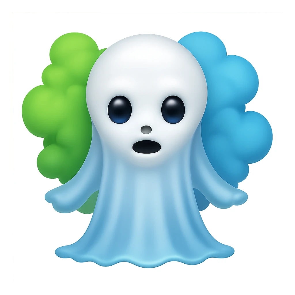Add visible blue and green fart gas clouds behind the blue and white ghost boy. Keep no background as requested. sticker