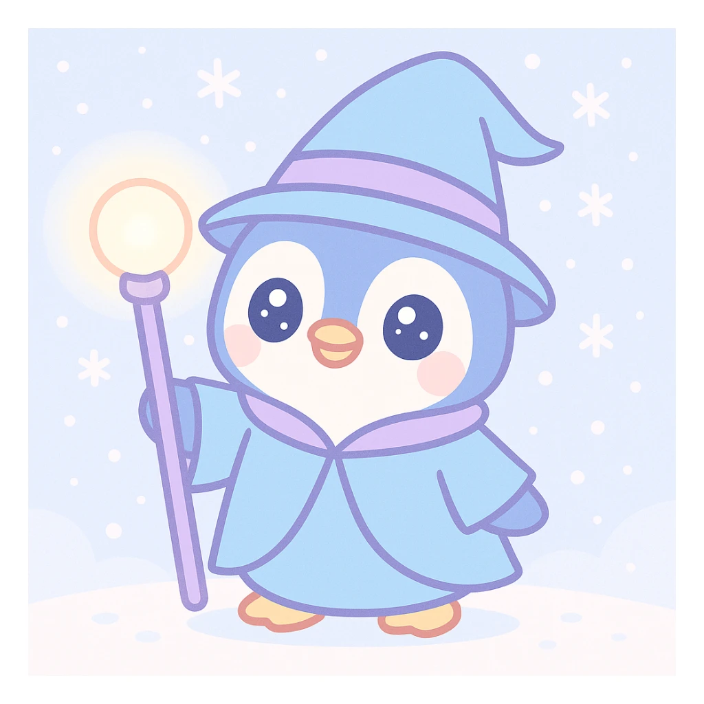 adorable penguin dressed as a wizard, glowing staff, snowy background sticker
