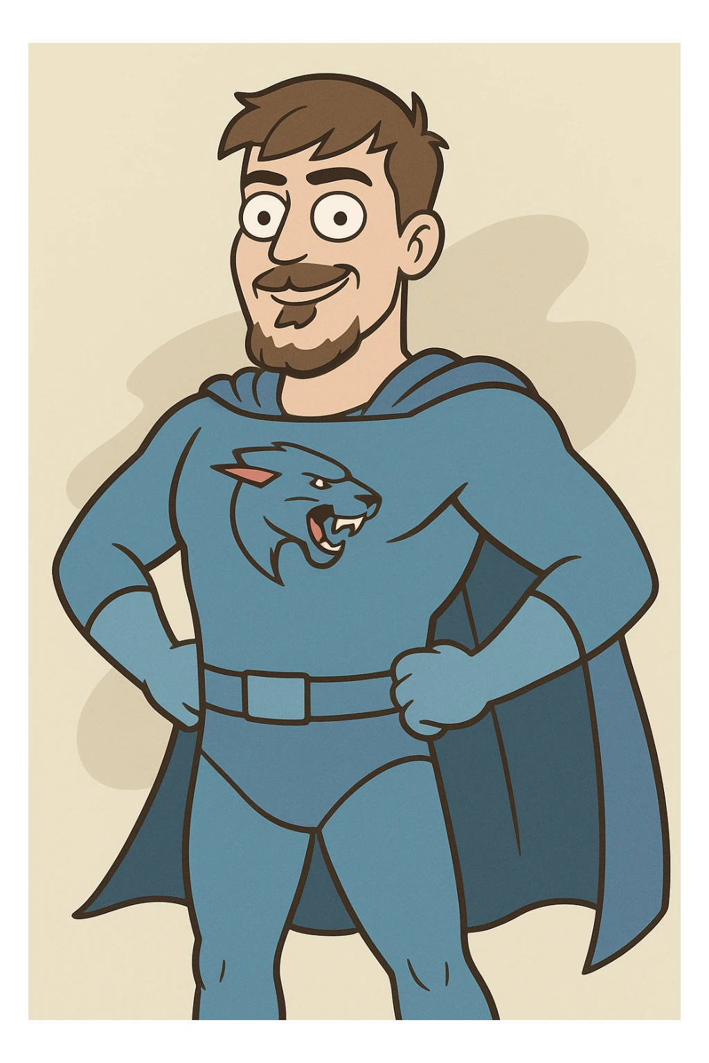 MrBeast as a superhero, blue costume, cape, confident pose, cartoon style sticker
