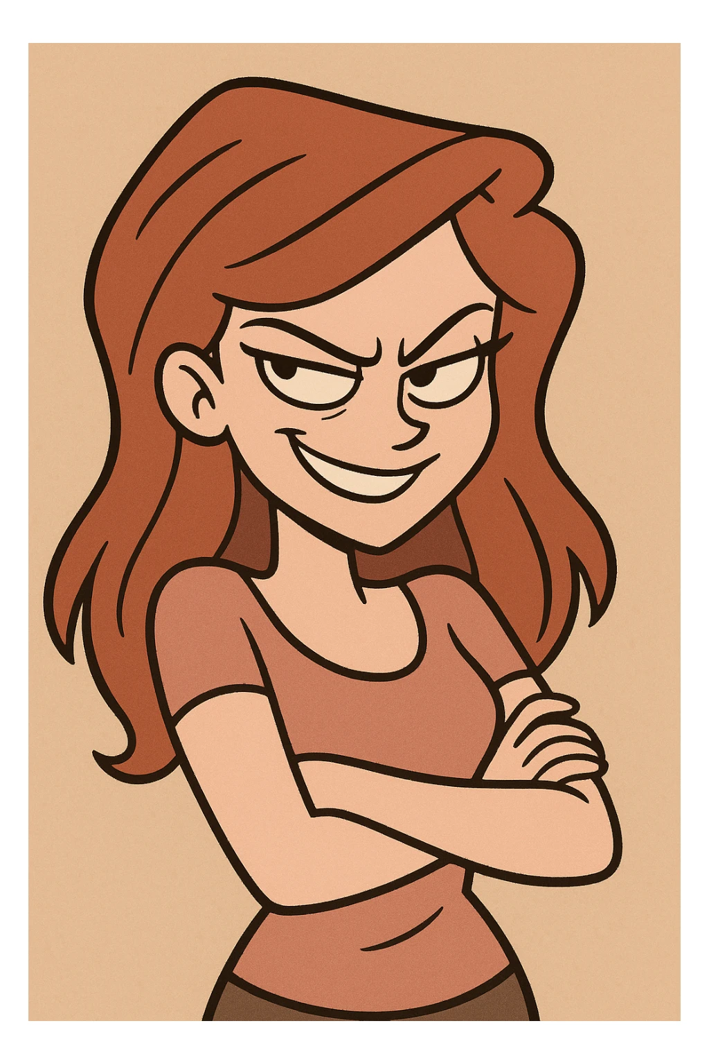 a beautiful girl with a mischievous, sly smile and sharp eyes, bold cartoon style sticker