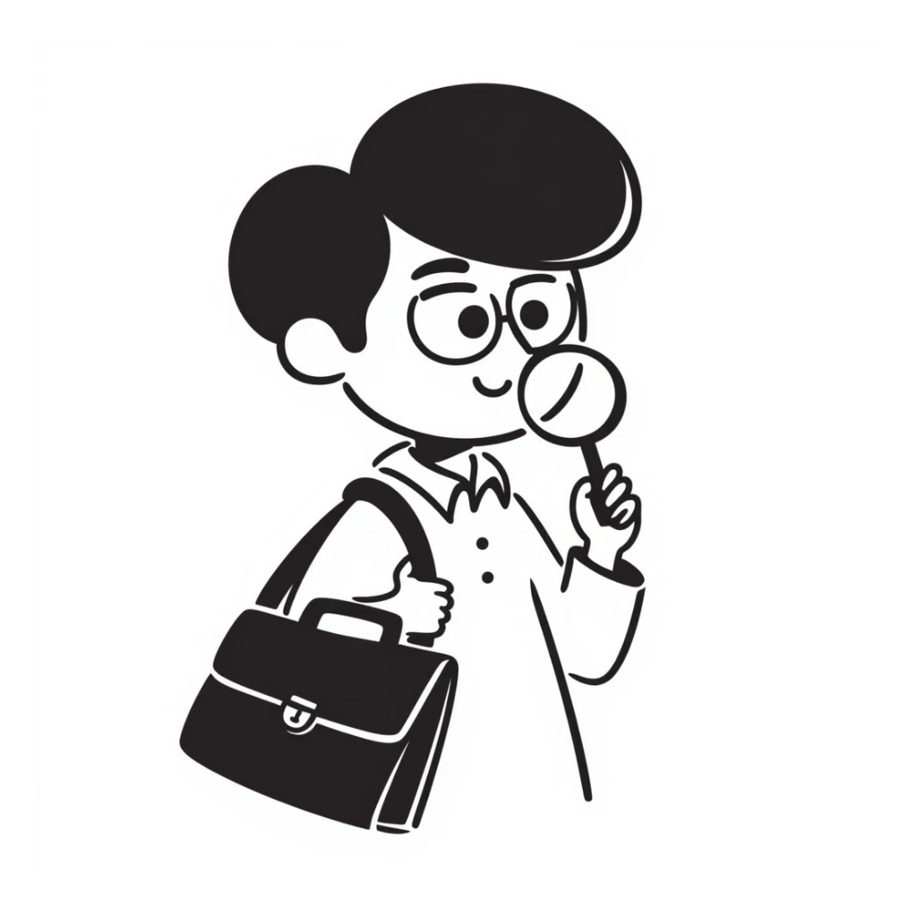 curious schoolboy with a briefcase and magnifying glass, black doodle style sticker