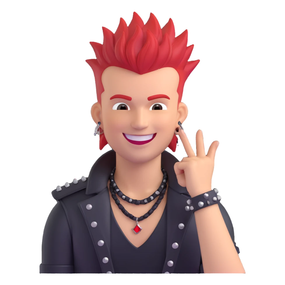 rebellious white guy rock singer with red mohawk hair, studded leather necklace, big smile sticker