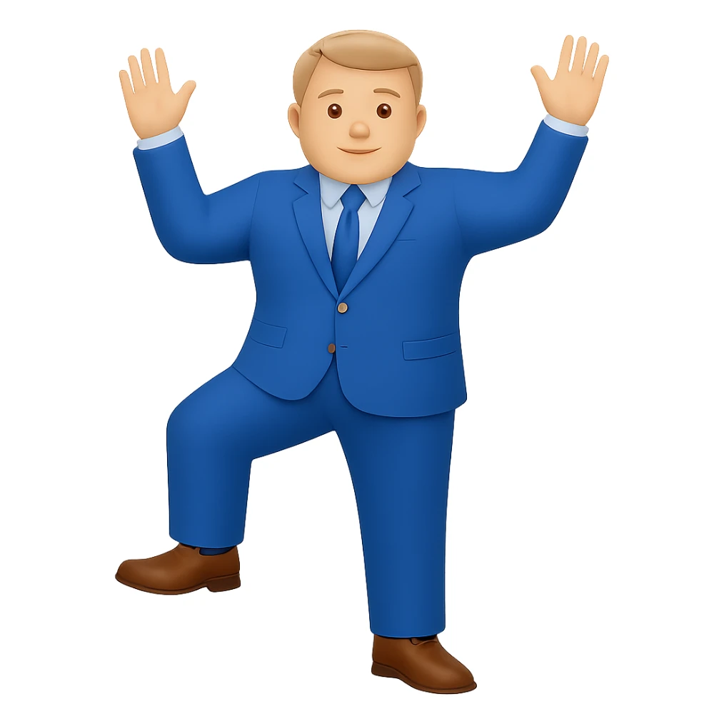 Make the white man in a blue suit and shoes with one hand raised bigger framed with broader shoulders and a more robust build, keep no background. sticker