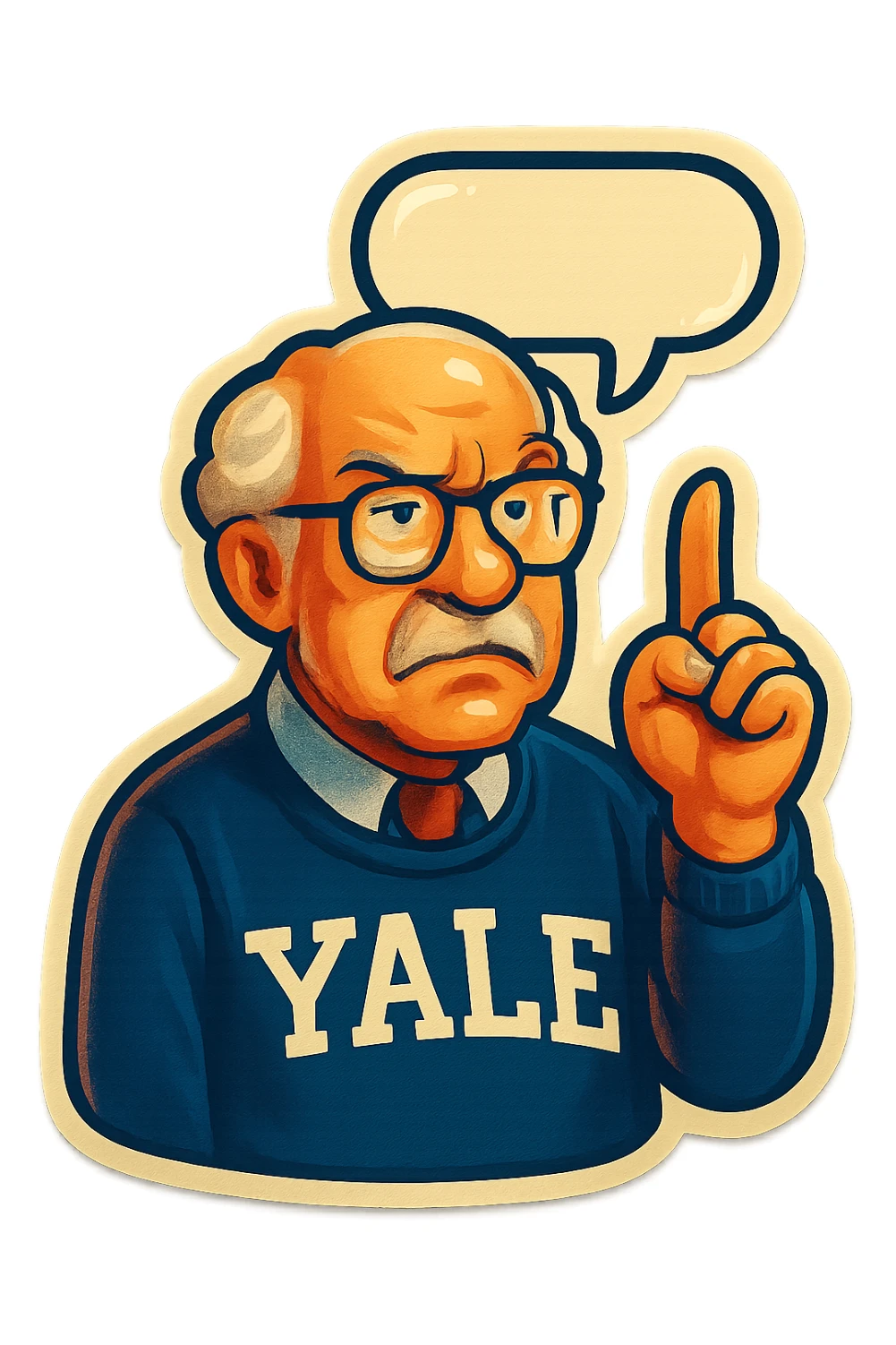 Профессор Йельского университета со скептическим лицом показываем указательный палец вверх, от головы отходить bubble speech sticker