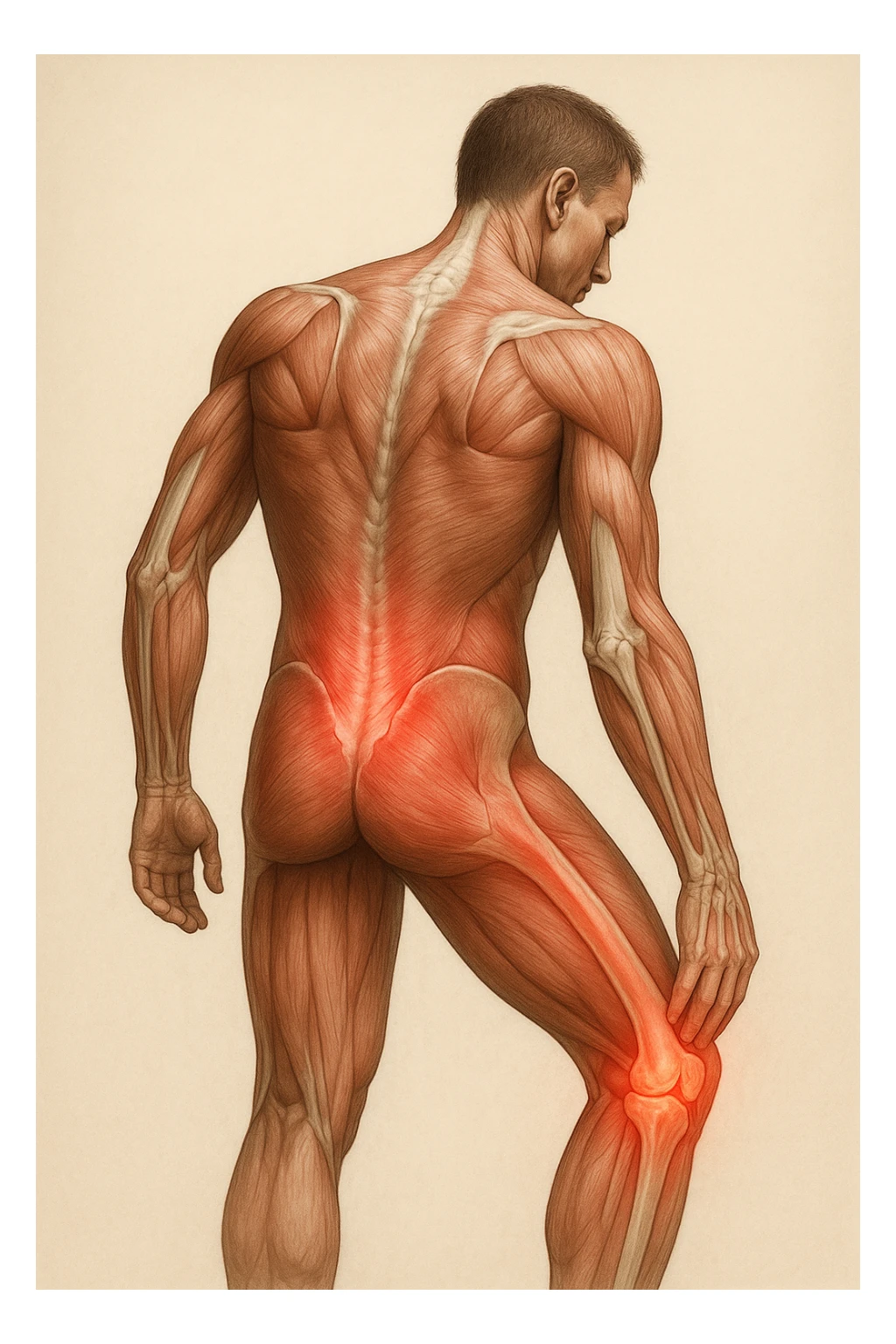 corpo umano anatomico con mal di schiena e al ginocchio, iperrealistico 4k sticker
