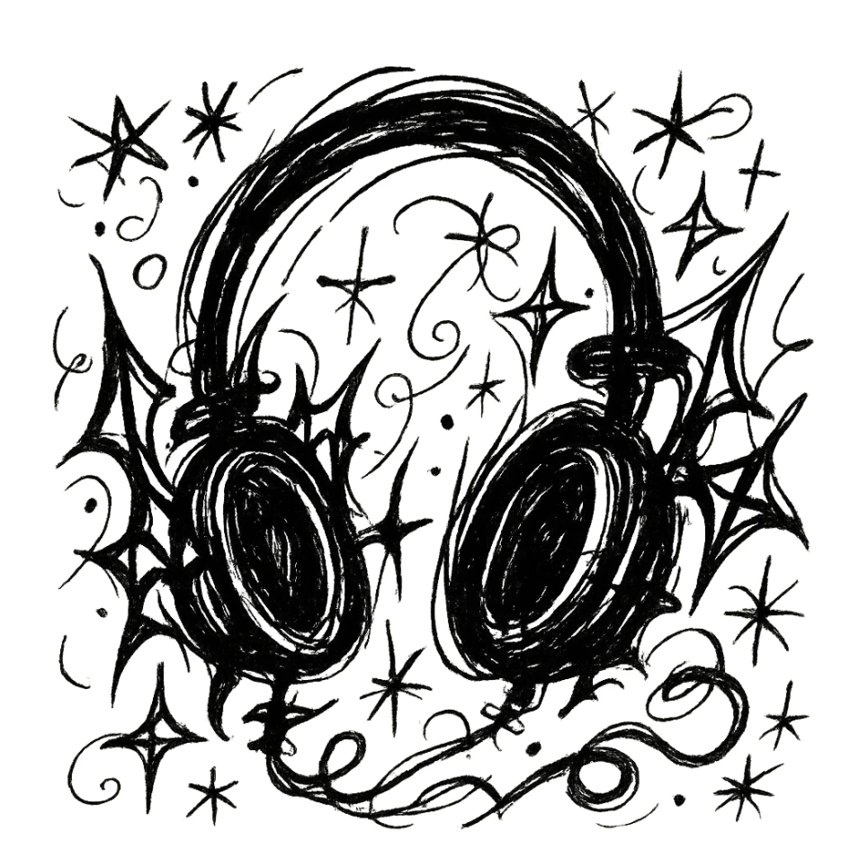 black gothic headphones with wild gothic shapes and expressive lines, chaotic doodle style sticker