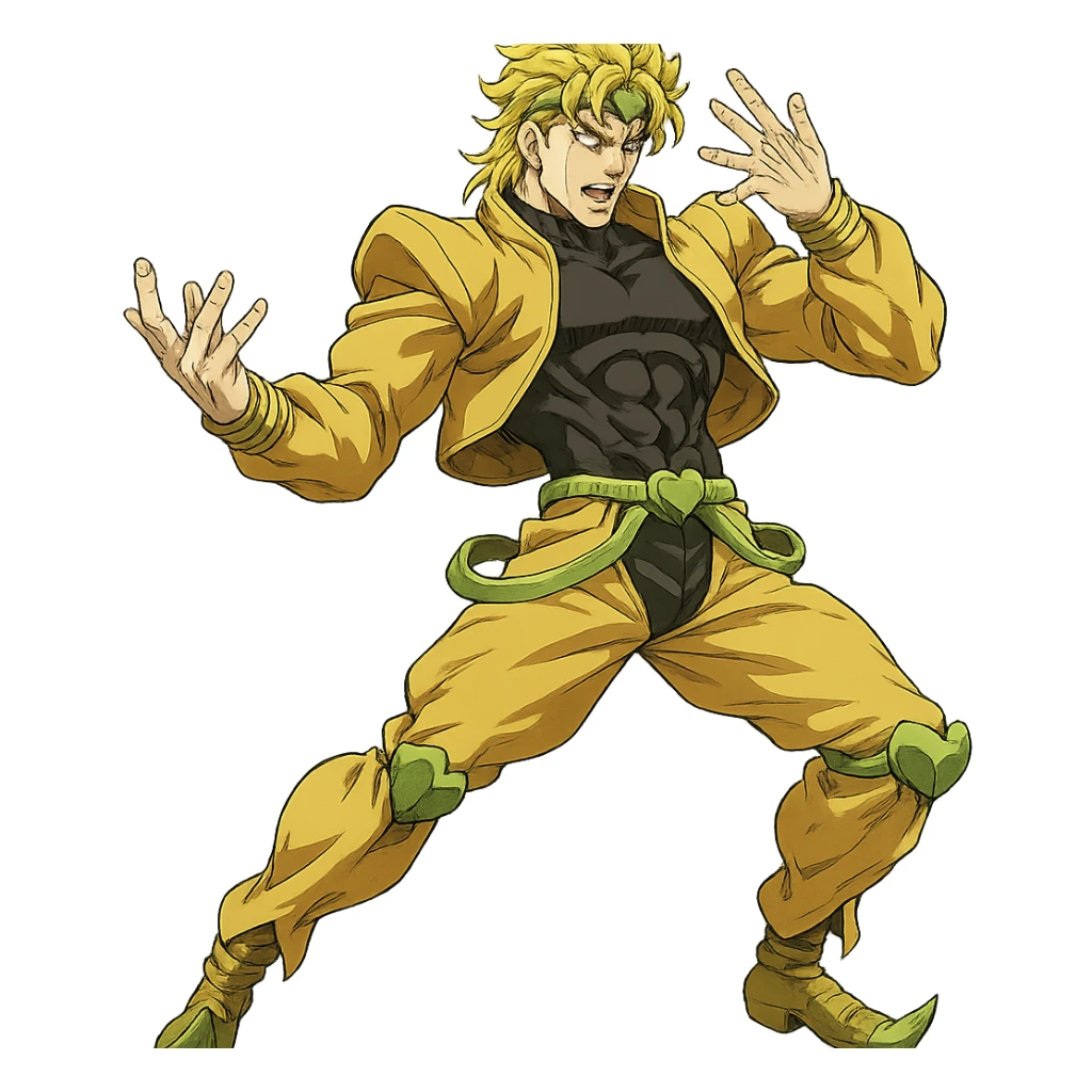 Dio Brando from JoJo's Bizarre Adventure, dramatic pose, detailed costume, iconic blond hair, anime style sticker