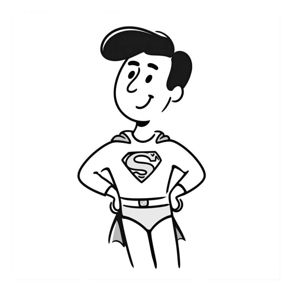 Superman smiling with hands on hips, hand-drawn doodle style, sketchy black outlines, playful expression sticker