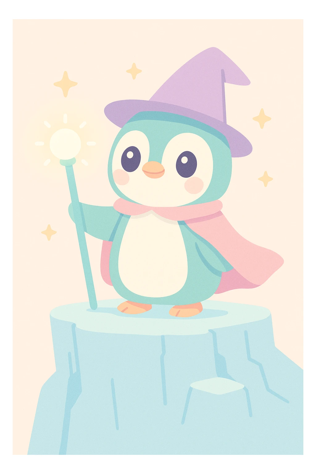 a heroic penguin wizard with a flowing cape, standing on an icy cliff, staff glowing sticker