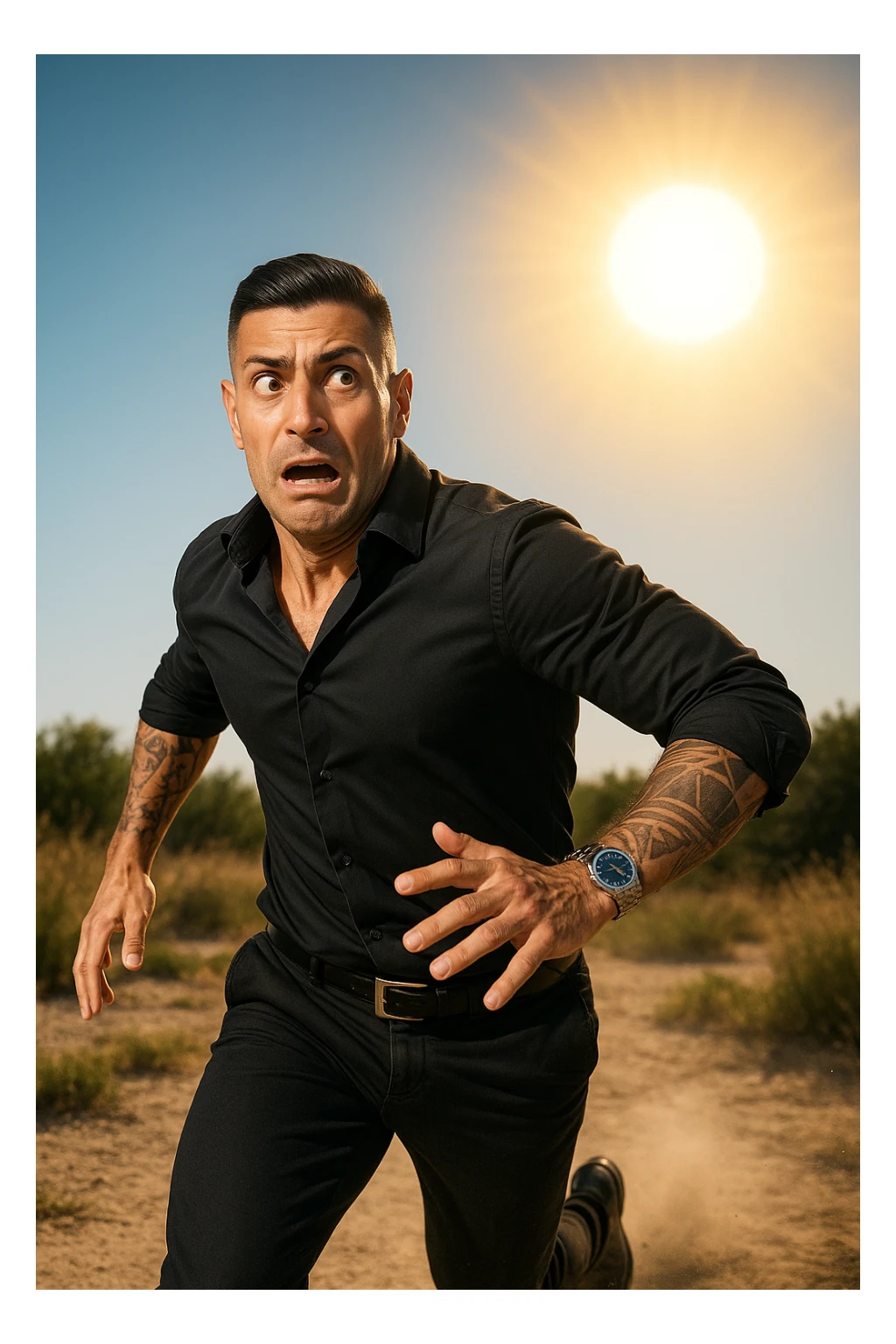 Uomo che corre via dal sole spaventato perchè pensa sia nocivo realistica sticker