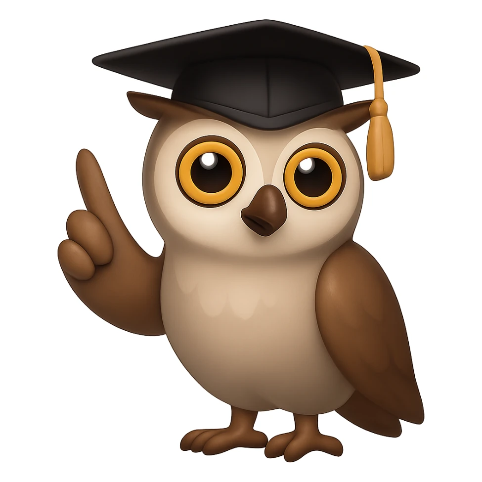 В стилистике эмоджи сгенерируй сову, со шляпой выпускника университета, крылом она мудро показывает вверх, чтобы она своим видом иллюстрировала мудрость и опыт, прозрачный фон sticker