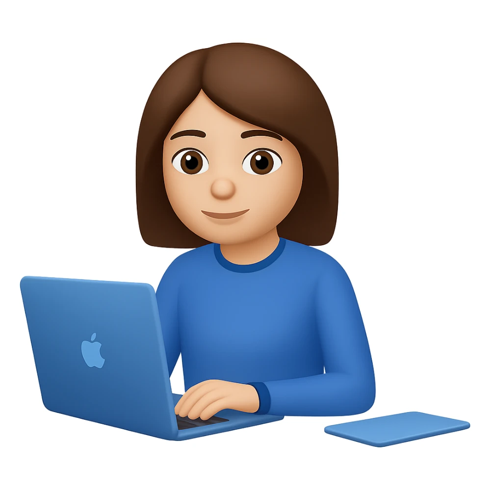 Change hair to brown, right hand forward to the front, keep blue clothes, hand on laptop. The style should resemble emoji style with no background. sticker