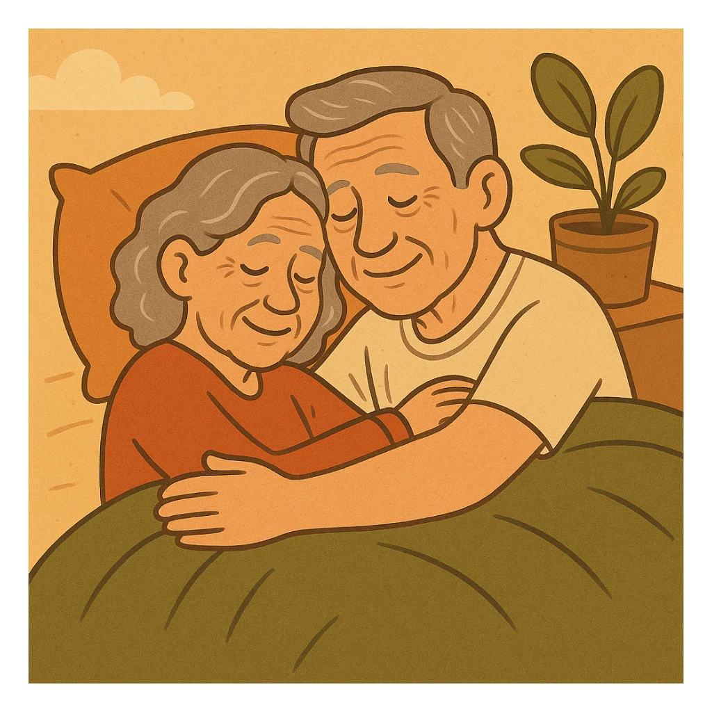 Make the couple look older by adding gray hair and gentle wrinkles, maintaining the warm cartoon style, showing them cuddling in bed with warmth and affection. sticker