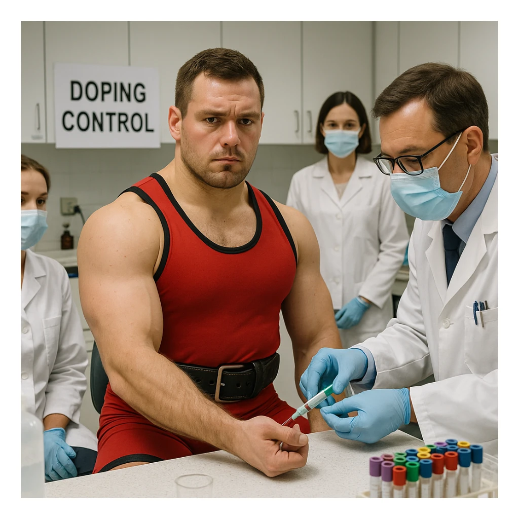 European powerlifter in competition clothing undergoing anti-doping controls, medical staff present, realistic atmosphere, laboratory details, background of test room or laboratory. sticker