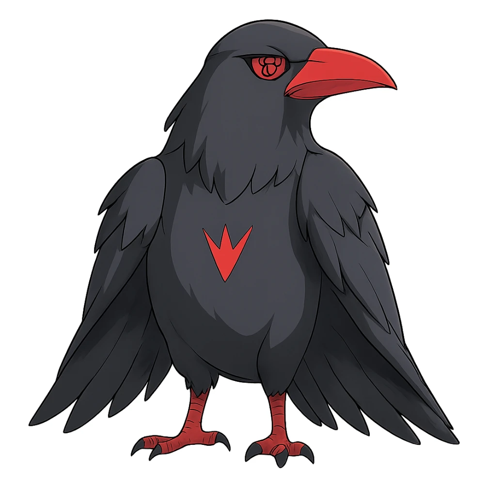 Add Sharingan eyes to the crow while keeping the dramatic pose and dark feathers. Render in a subtle anime style with no background. sticker