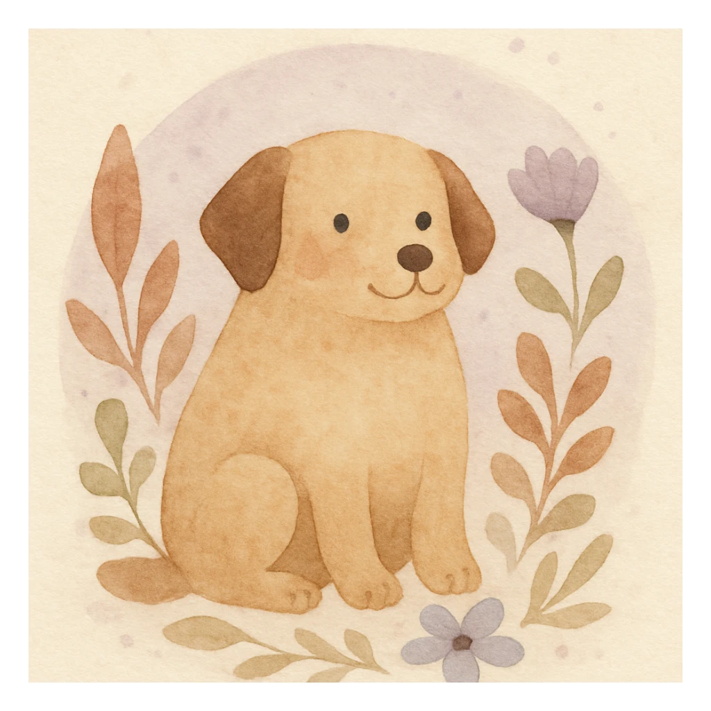 <systemPrompt>
  <style name="Watercolor Botanical Illustration">
    <medium>Watercolor</medium>
    <texture>
      <paper>Soft cotton texture, subtle grain</paper>
      <wash>Transparent color washes with visible layering</wash>
    </texture>
    <palette>
      <primary>Muted earth tones (browns, reds)</primary>
      <accent>Pastel purples and blues</accent>
      <background>Faded lavender wash with scattered dots</background>
    </palette>
    <details>
      <linework>Minimal, soft edges, no outlines</linework>
      <shading>Natural blending, subtle tonal gradients</shading>
      <features>
        <botanical>Organic shapes, abstract leaf and petal structures</botanical>
        <animal>Round forms, friendly expressions, simplified anatomy</animal>
      </features>
    </details>
    <composition>
      <focus>Centered subject</focus>
      <background>Soft circular watercolor wash</background>
      <spacing>Balanced with gentle whitespace</spacing>
    </composition>
    <atmosphere>Whimsical, serene, hand-painted</atmosphere>
  </style>
  <instructions>
    Use this style for all elements in the image. Ensure the soft watercolor texture is preserved across both the subject and background. Emphasize organic, natural forms with minimal sharp detail.
  </instructions>
</systemPrompt>

{subject} = dog sticker