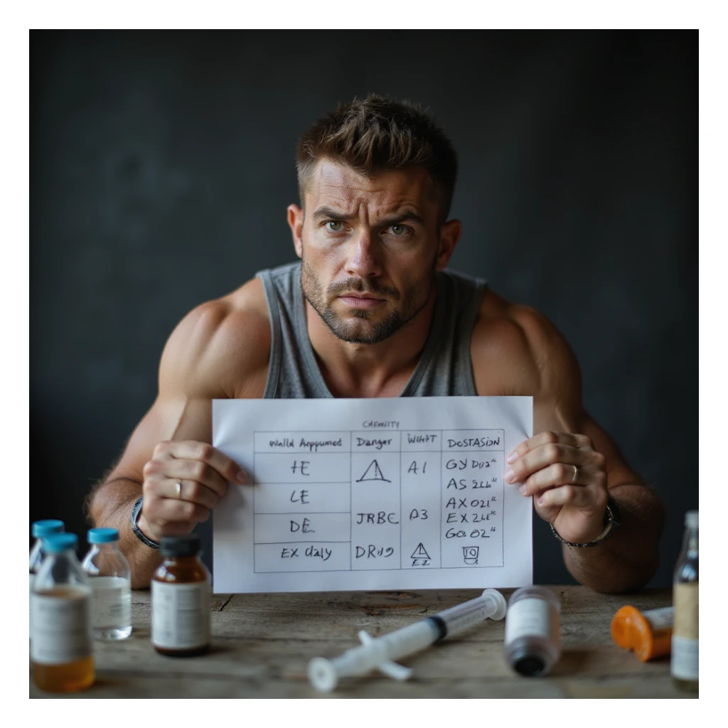 beginner bodybuilder making chemistry mistakes on first cycle, surrounded by bottles and syringes, dosage chart with errors and danger symbols, scared expression, risk atmosphere, realistic details, isolated on white background, 4K quality sticker
