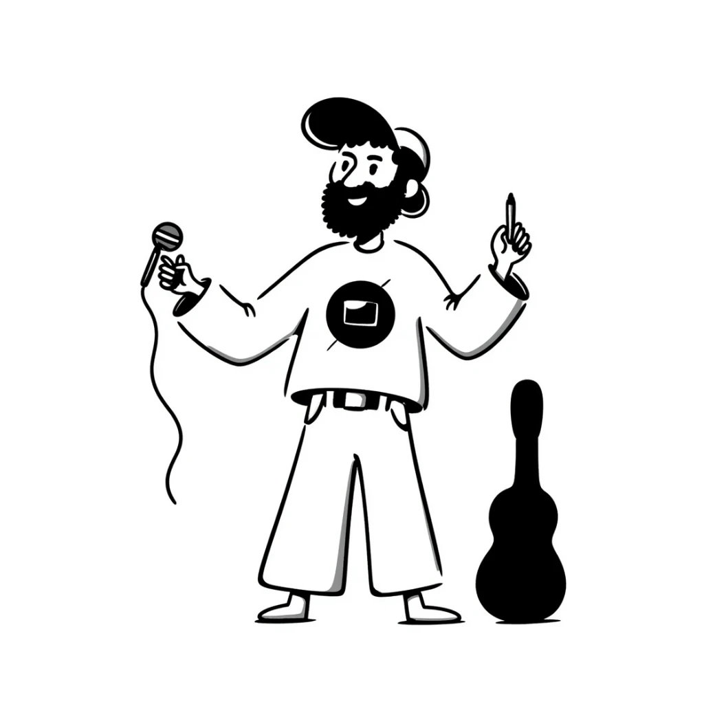 adult musician with beard and backwards cap, smiling widely, holding microphone in one hand and pencil in other hand sticker