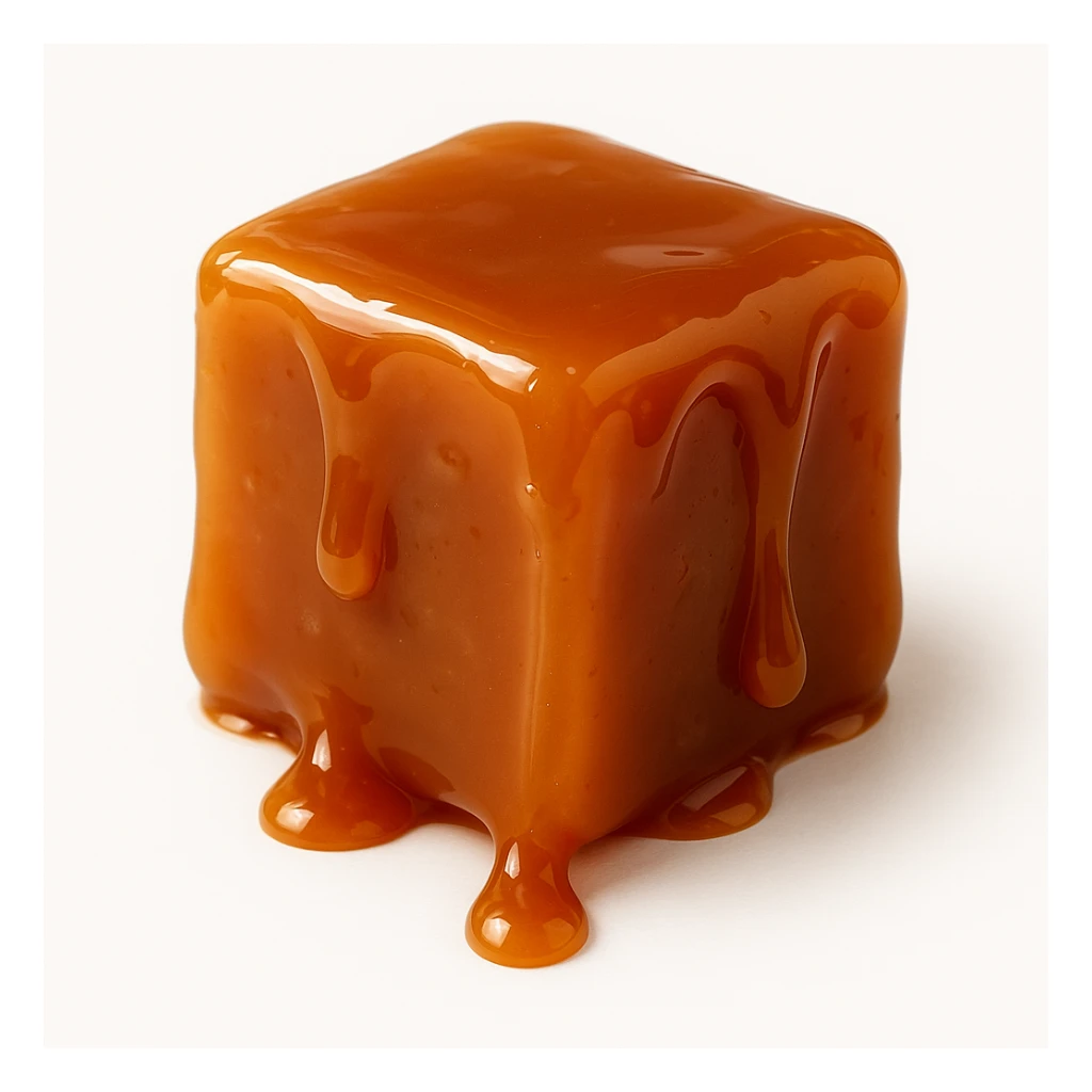 realistic cube-shaped caramel toffee piece, glossy, with drops of caramel dripping off, no face, no cartoon or drawn style, on a white background sticker