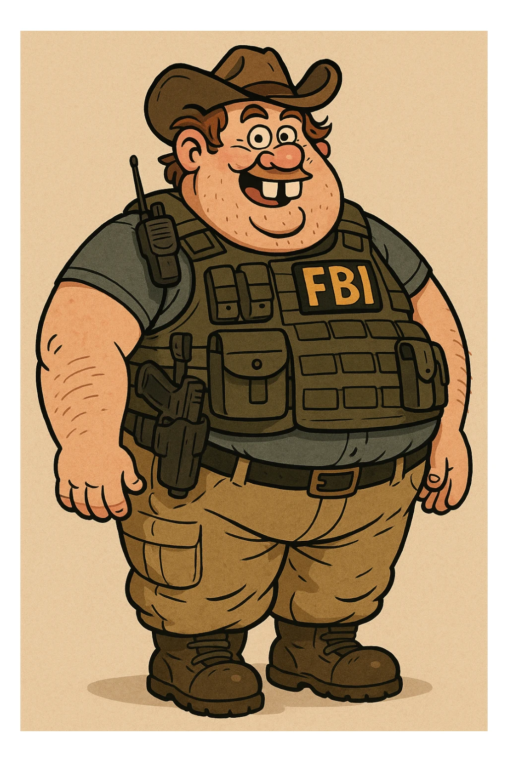 A big, overweight federal agent with a tight vest packed with tactical gear, prominent buck teeth, and a comical hillbilly appearance, cartoonish style sticker