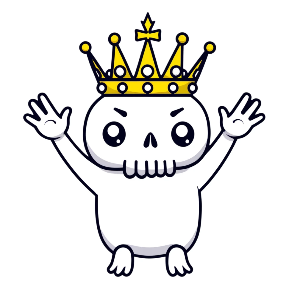 A shocked skull with a crown on top, both hands raised pressing on its head in disbelief, black and white sticker