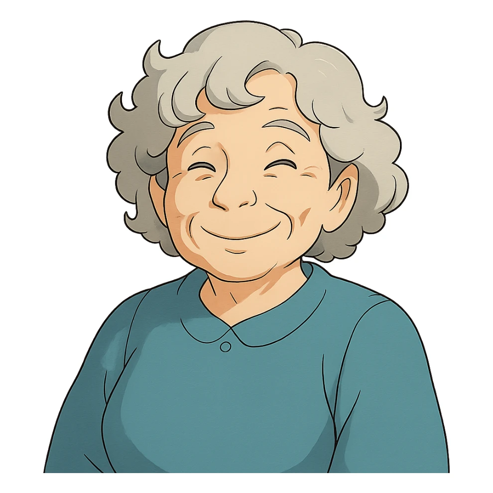 ghibli style older lady with silver curly hair smiling sticker