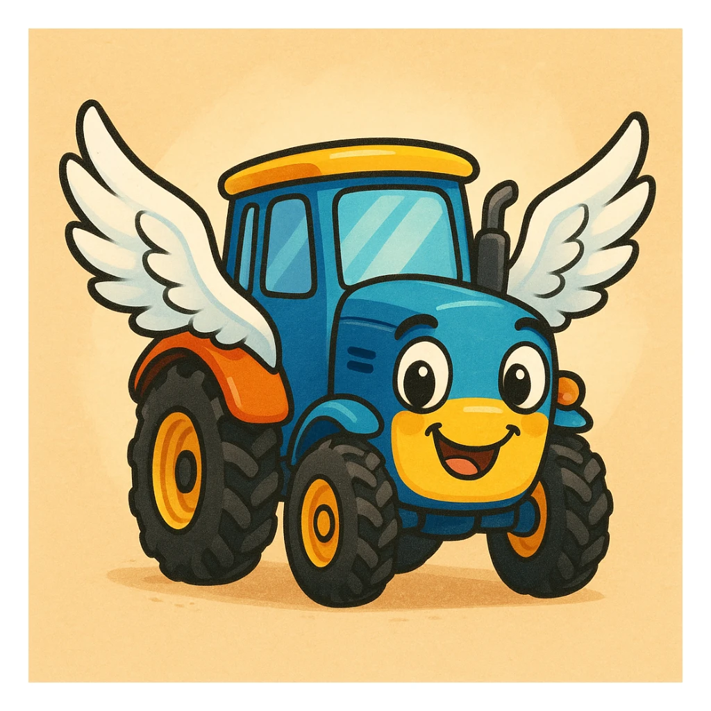 tractor with a smiling face and flying wings, cute cartoon style sticker