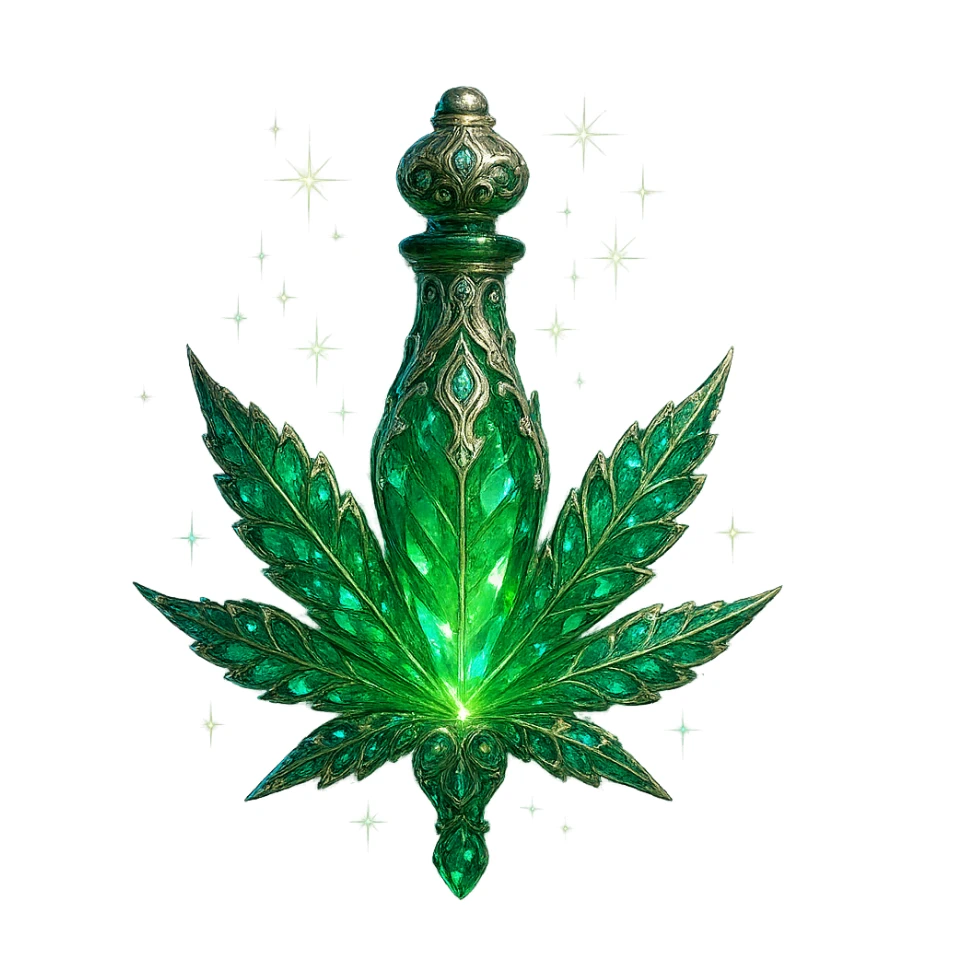 luxurious crystal elixir bottle in the shape of a cannabis leaf or with cannabis motifs, vibrant green color, ornate silver and iridescent details, magical glowing and sparkling effects, very small neck, seamless bottom, bottle clearly floating in air, no base or shadow, modern, collection style, transparent background sticker