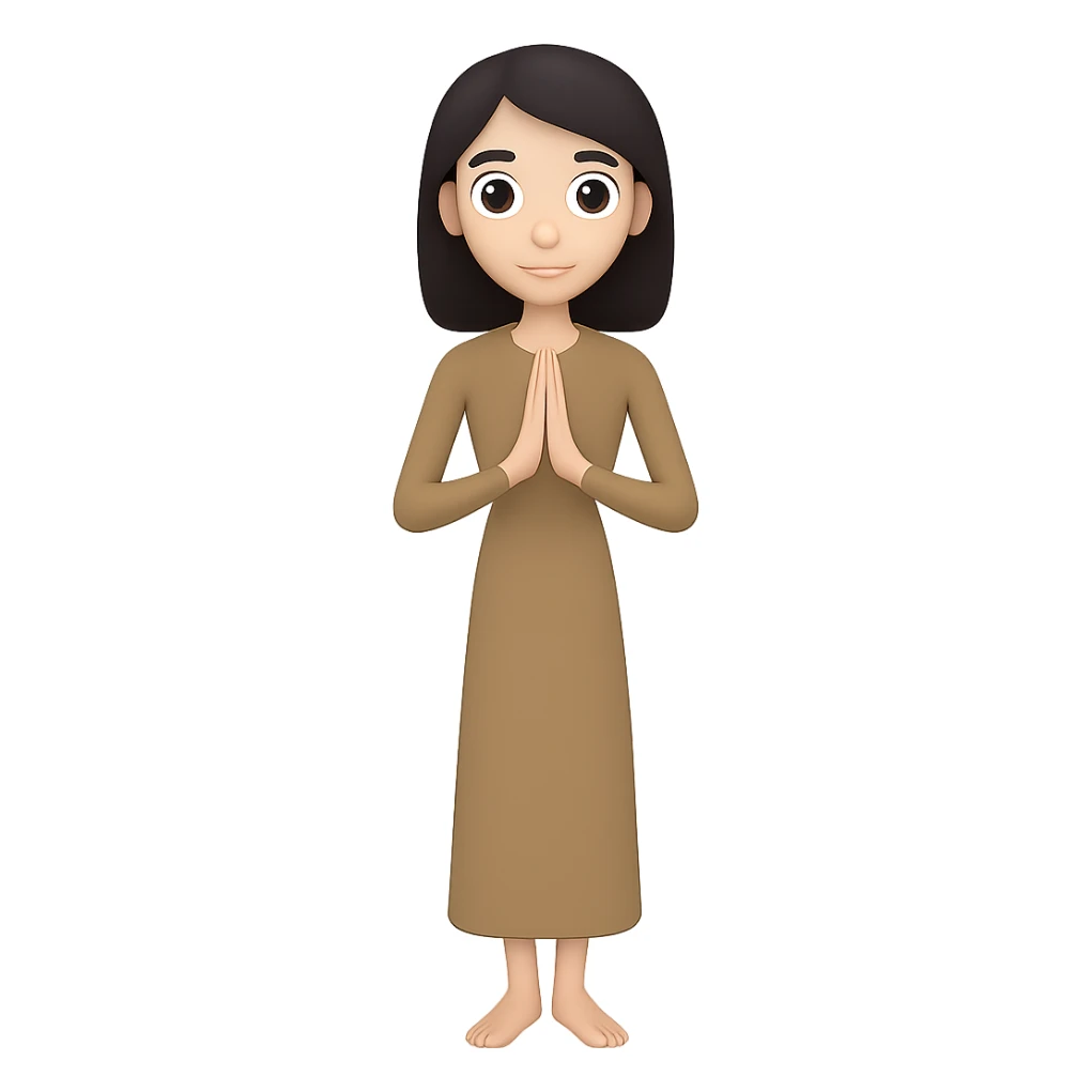 Make the woman very thin, standing and praying from the front view, wearing a long tan dress, with dark brown hair, in an emoji style. Remove the background. sticker