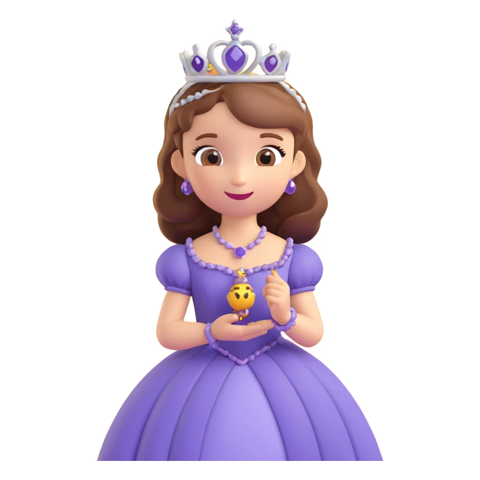 Sofia the First as a 3D emoji, holding her amulet, in her purple dress and tiara, happy and magical sticker
