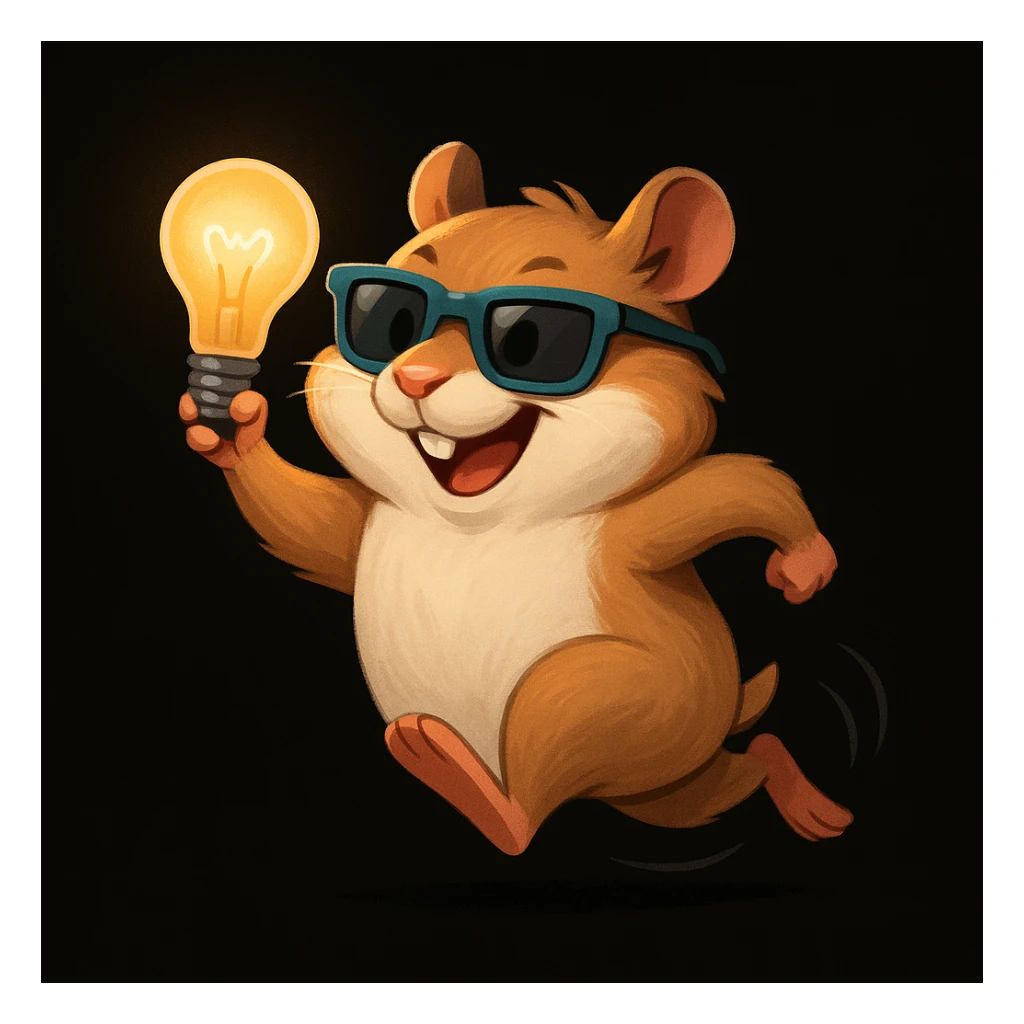 a modern, semi-realistic hamster with cool glasses and a lightbulb, running energetically, inspired by the provided reference, on a solid black background sticker