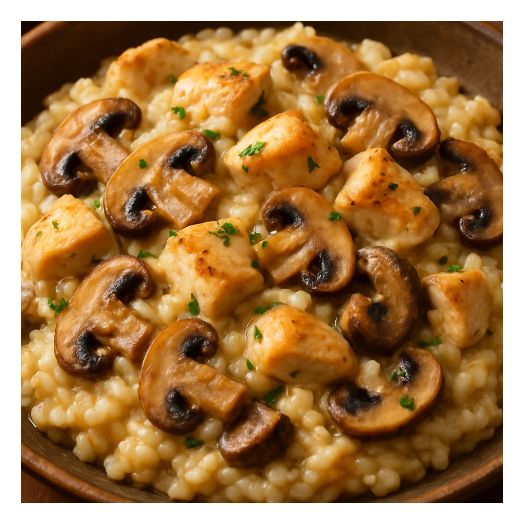a close-up of chicken mushroom risotto with visible mushrooms and chicken pieces, warm and inviting sticker