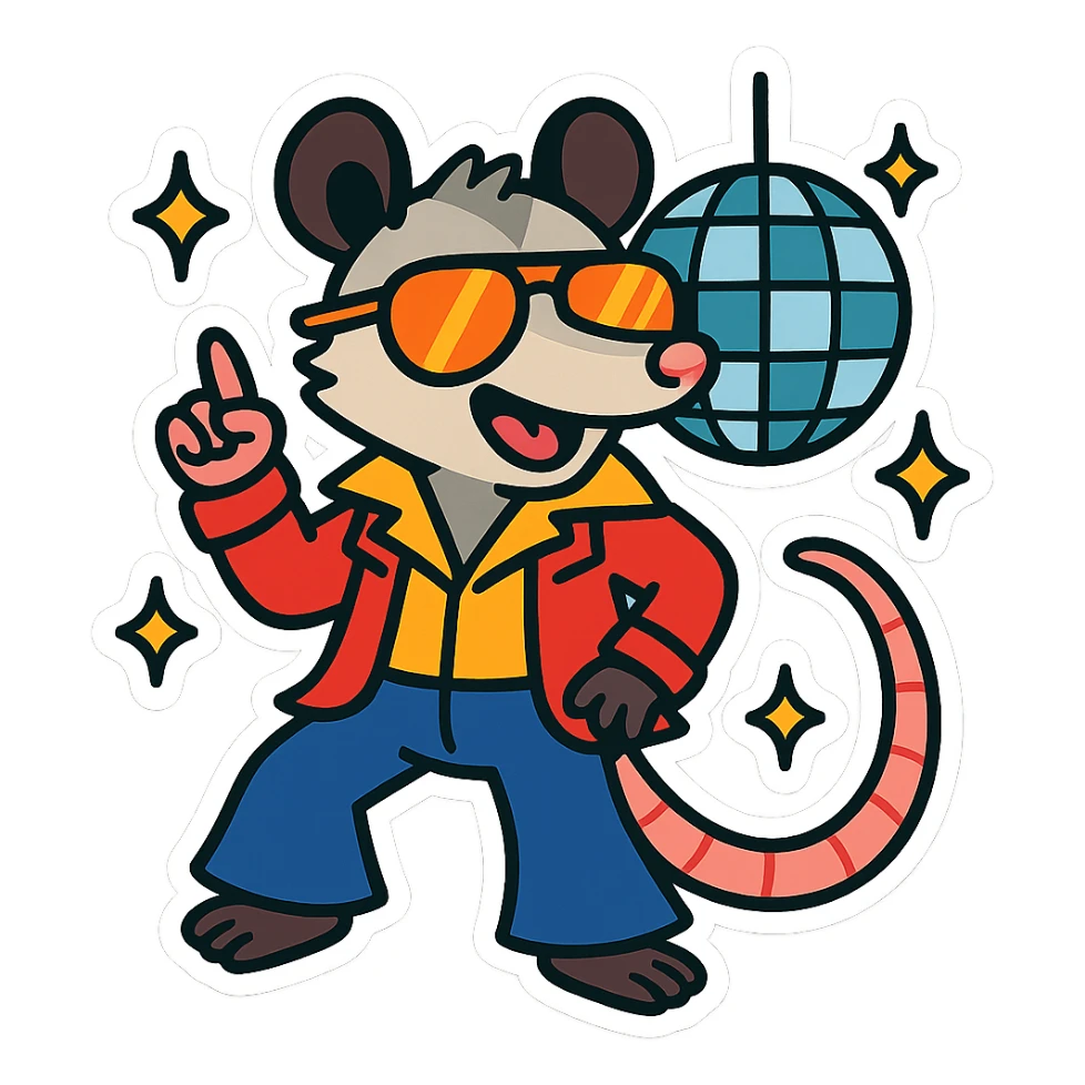 cute cartoon possum dressed up for the disco with a disco ball, sticker-like style sticker