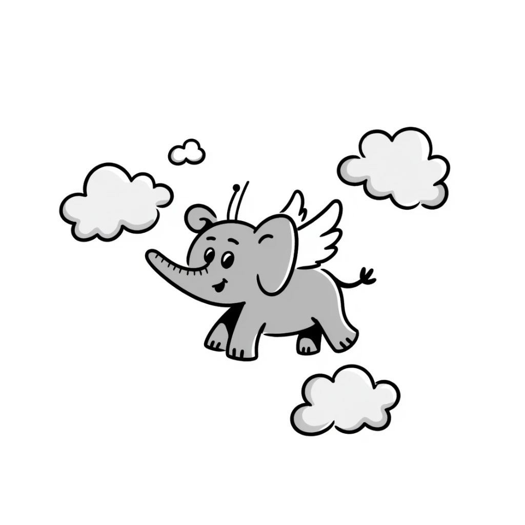 an elephant in heaven, hand drawn doodle style, with angel wings and clouds sticker